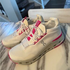 On Running Women's White and Pink Athletic Shoes